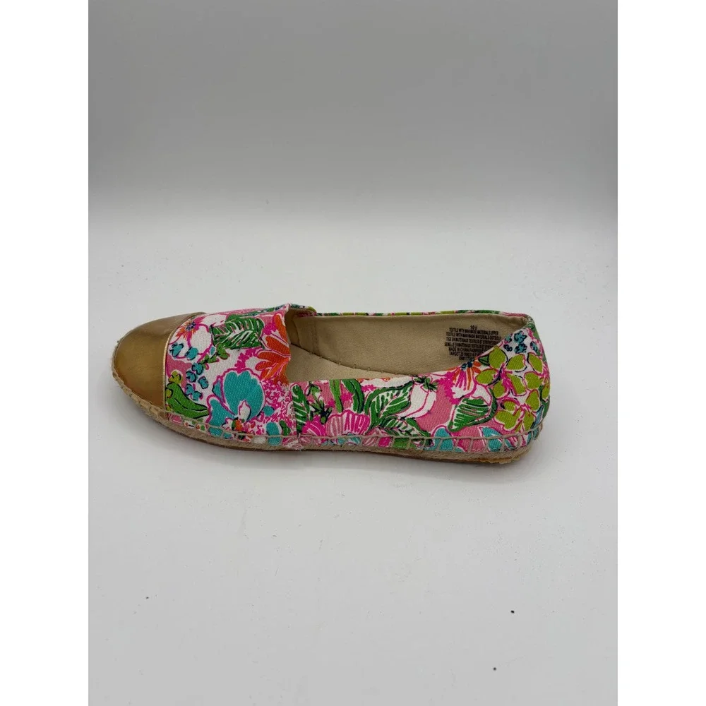Lilly Pulitzer Target Floral Espadrille Flats Pink Green Gold Cap Toe Women 10.5